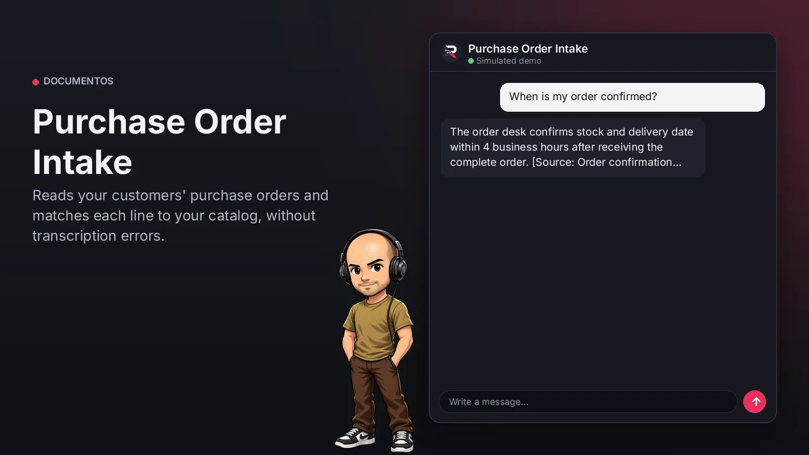 Hero image: Purchase Order Intake. Reads your customers' purchase orders and matches each line to your catalog, without transcription errors.