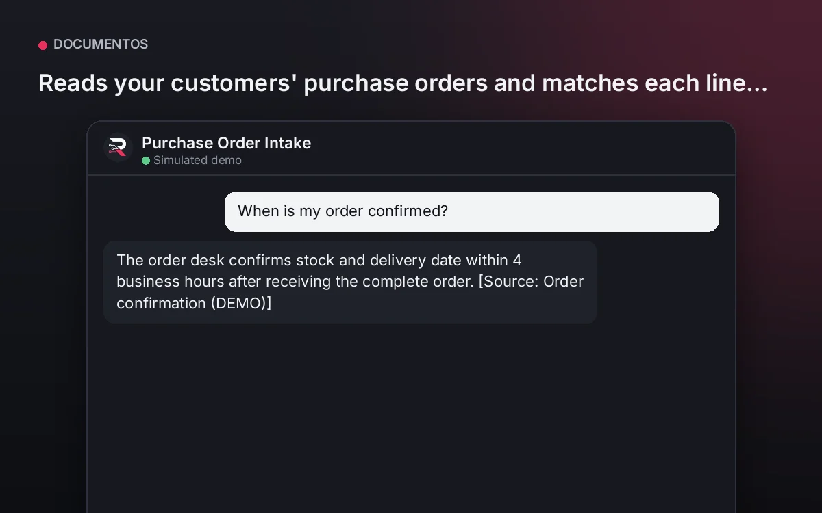 Cover: Purchase Order Intake. Reads your customers' purchase orders and matches each line to your catalog, without transcription errors.