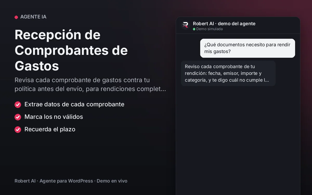 Portada: Recepción de Comprobantes de Gastos. Revisa cada comprobante de gastos contra tu política antes del envío, para rendiciones completas al primer intento.