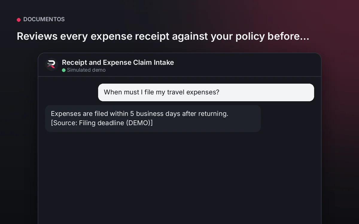 Cover: Receipt and Expense Claim Intake. Reviews every expense receipt against your policy before submission, for complete reports on the first try.