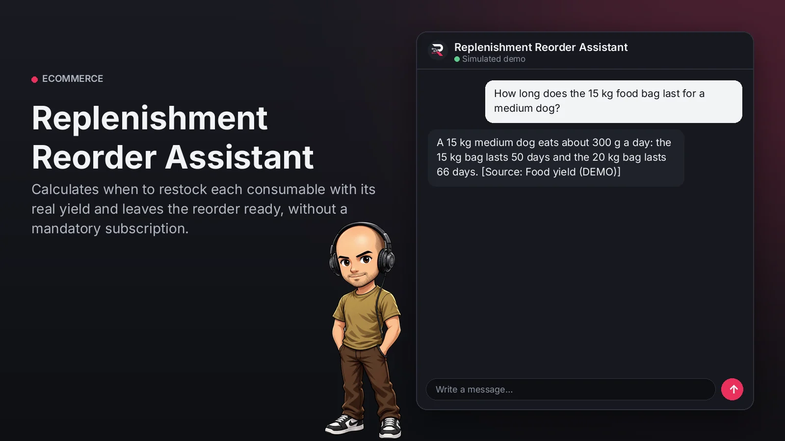 Hero image: Replenishment Reorder Assistant. Calculates when to restock each consumable with its real yield and leaves the reorder ready, without a mandatory subscription.