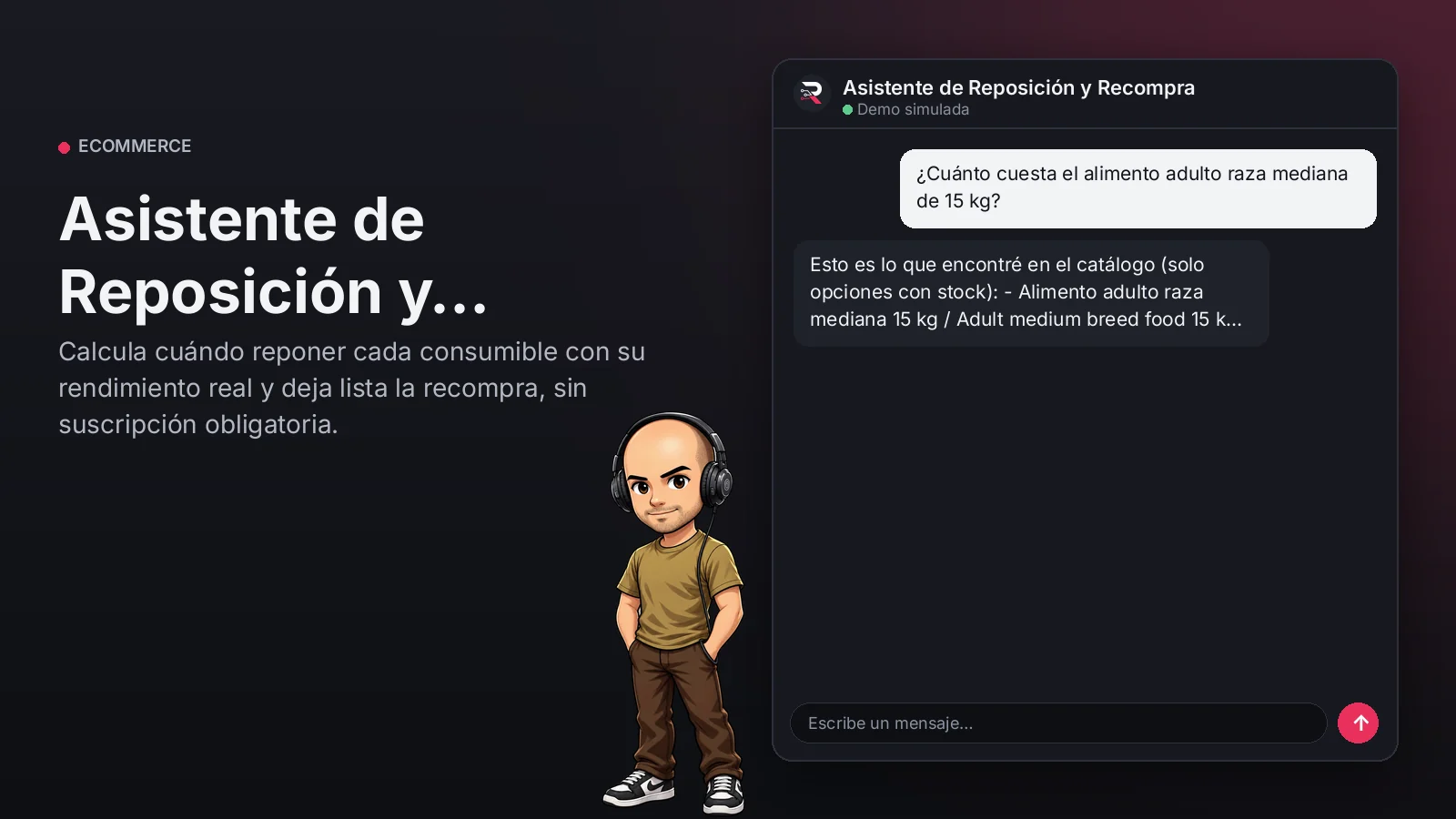 Imagen principal: Asistente de Reposición y Recompra. Calcula cuándo reponer cada consumible con su rendimiento real y deja lista la recompra, sin suscripción obligatoria.