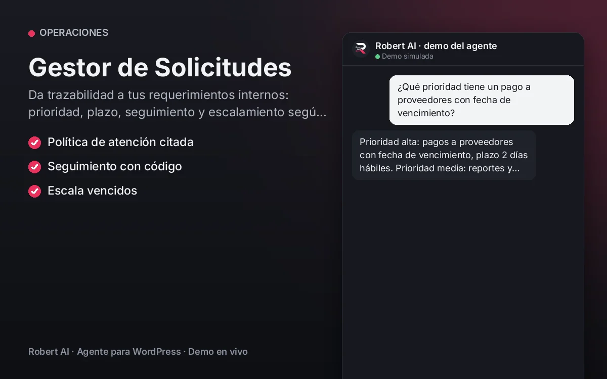 Portada: Gestor de Solicitudes. Da trazabilidad a tus requerimientos internos: prioridad, plazo, seguimiento y escalamiento según tu política.