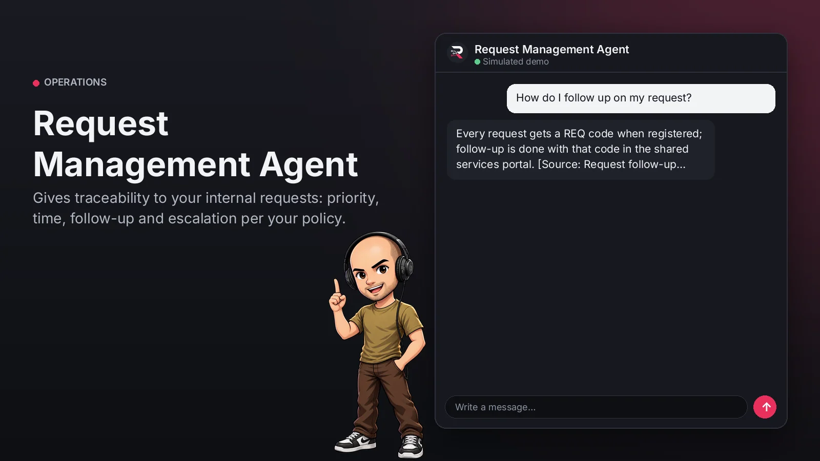 Hero image: Request Management Agent. Gives traceability to your internal requests: priority, time, follow-up and escalation per your policy.
