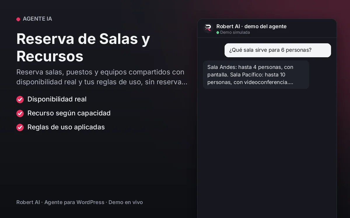 Portada: Reserva de Salas y Recursos. Reserva salas, puestos y equipos compartidos con disponibilidad real y tus reglas de uso, sin reservas cruzadas.