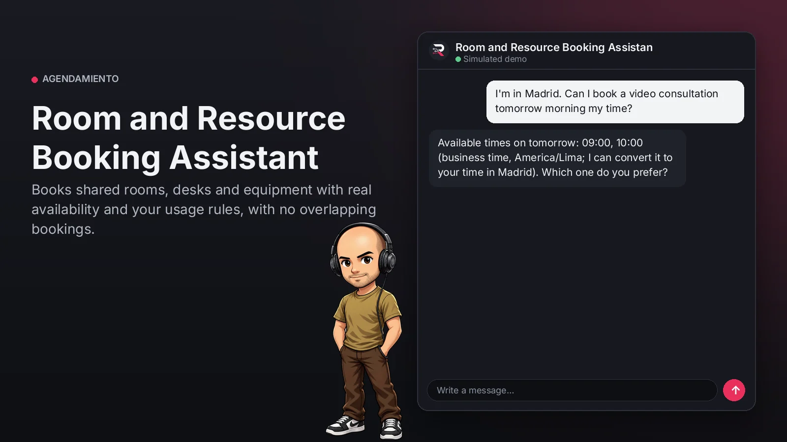 Hero image: Room and Resource Booking Assistant. Books shared rooms, desks and equipment with real availability and your usage rules, with no overlapping bookings.