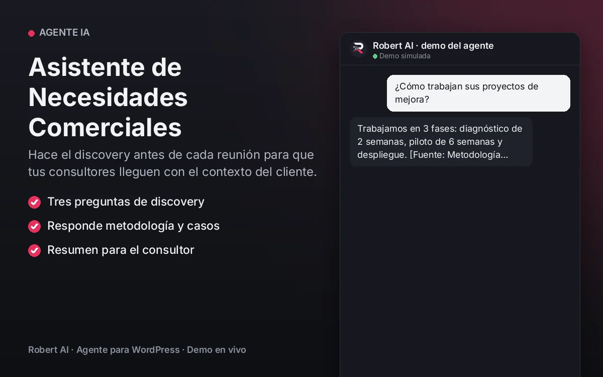 Portada: Asistente de Necesidades Comerciales. Hace el discovery antes de cada reunión para que tus consultores lleguen con el contexto del cliente.