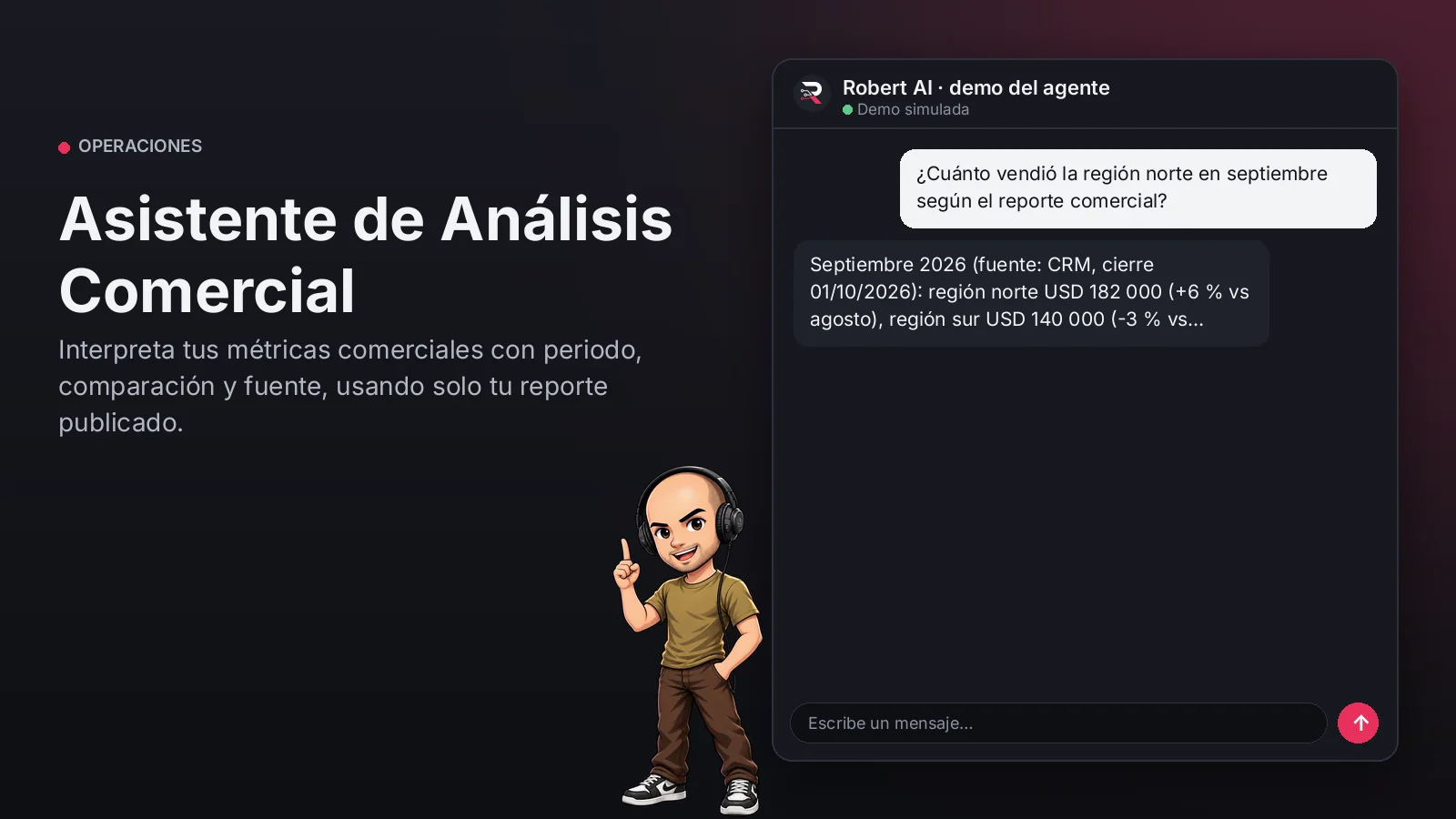 Asistente de Análisis Comercial. Interpreta tus métricas comerciales con periodo, comparación y fuente, usando solo tu reporte publicado.