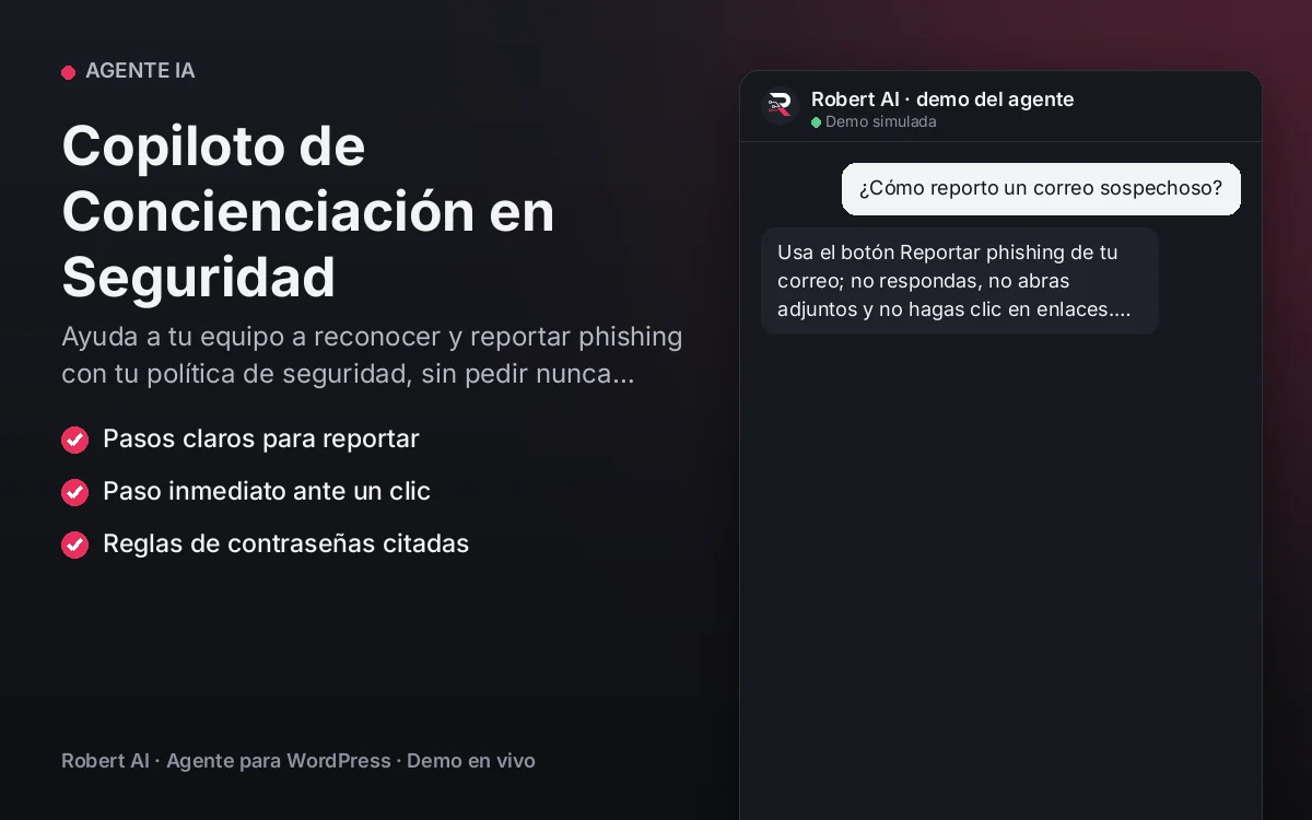 Portada: Copiloto de Concienciación en Seguridad. Ayuda a tu equipo a reconocer y reportar phishing con tu política de seguridad, sin pedir nunca credenciales.