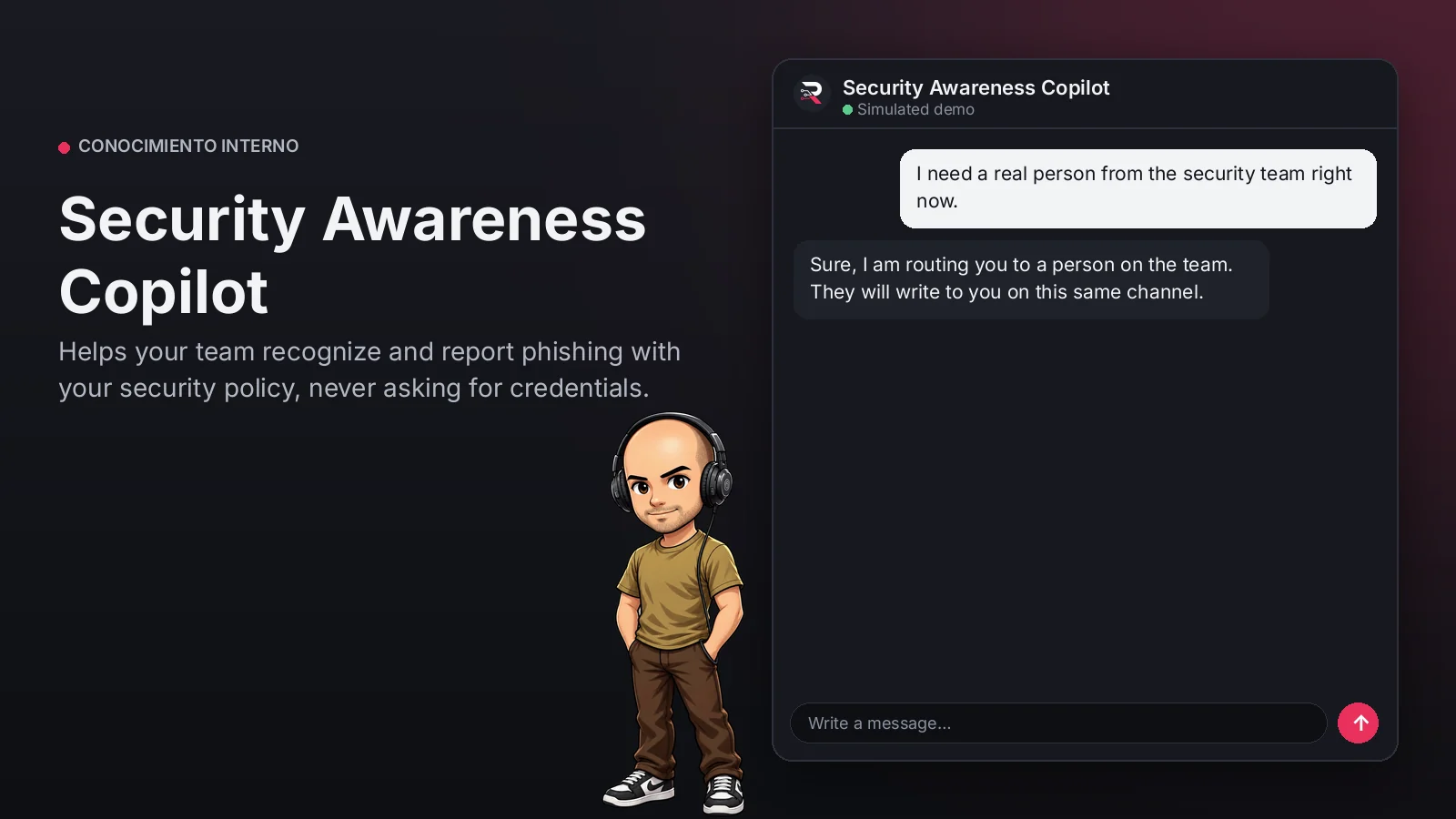 Hero image: Security Awareness Copilot. Helps your team recognize and report phishing with your security policy, never asking for credentials.