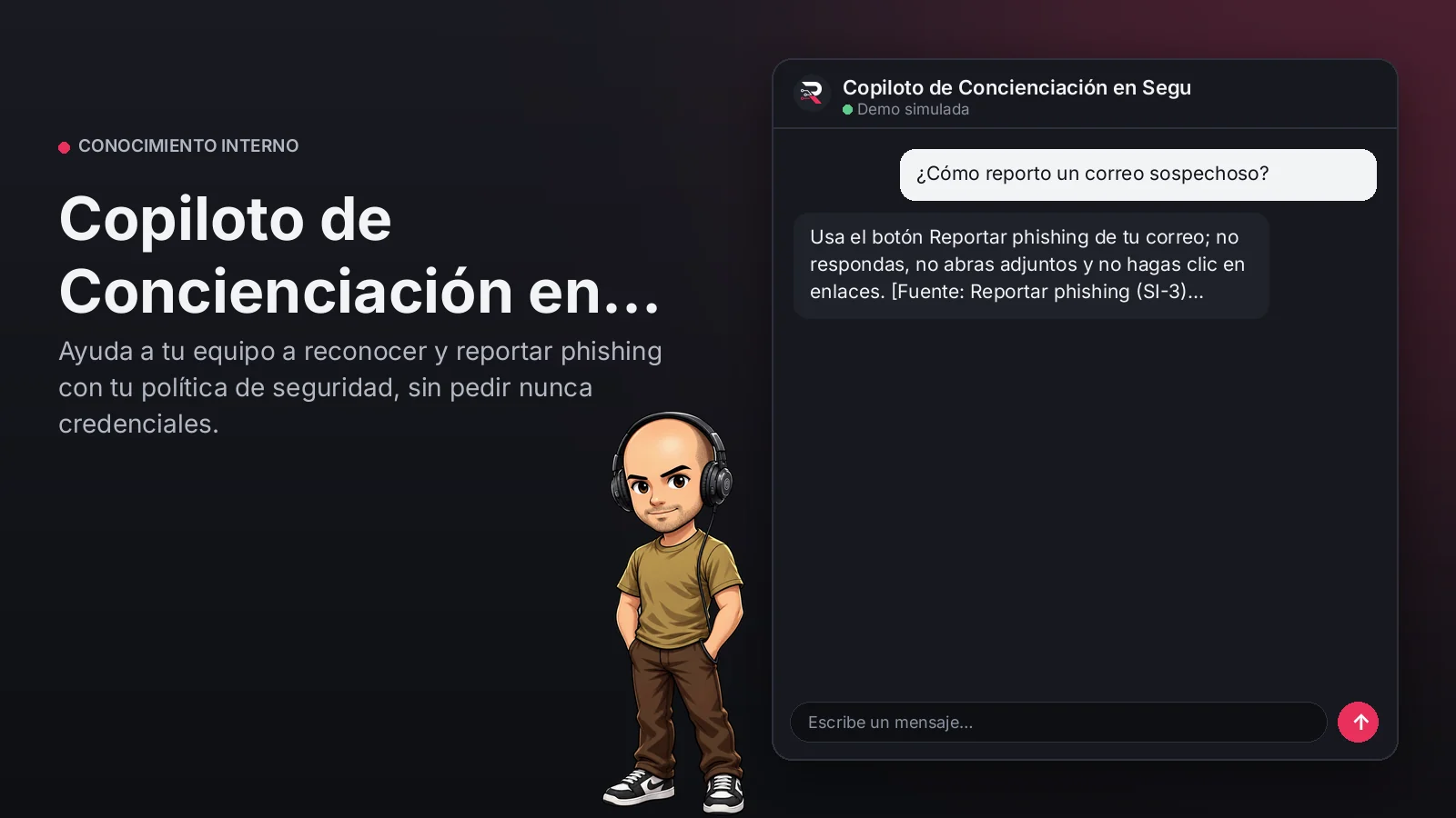 Imagen principal: Copiloto de Concienciación en Seguridad. Ayuda a tu equipo a reconocer y reportar phishing con tu política de seguridad, sin pedir nunca credenciales.