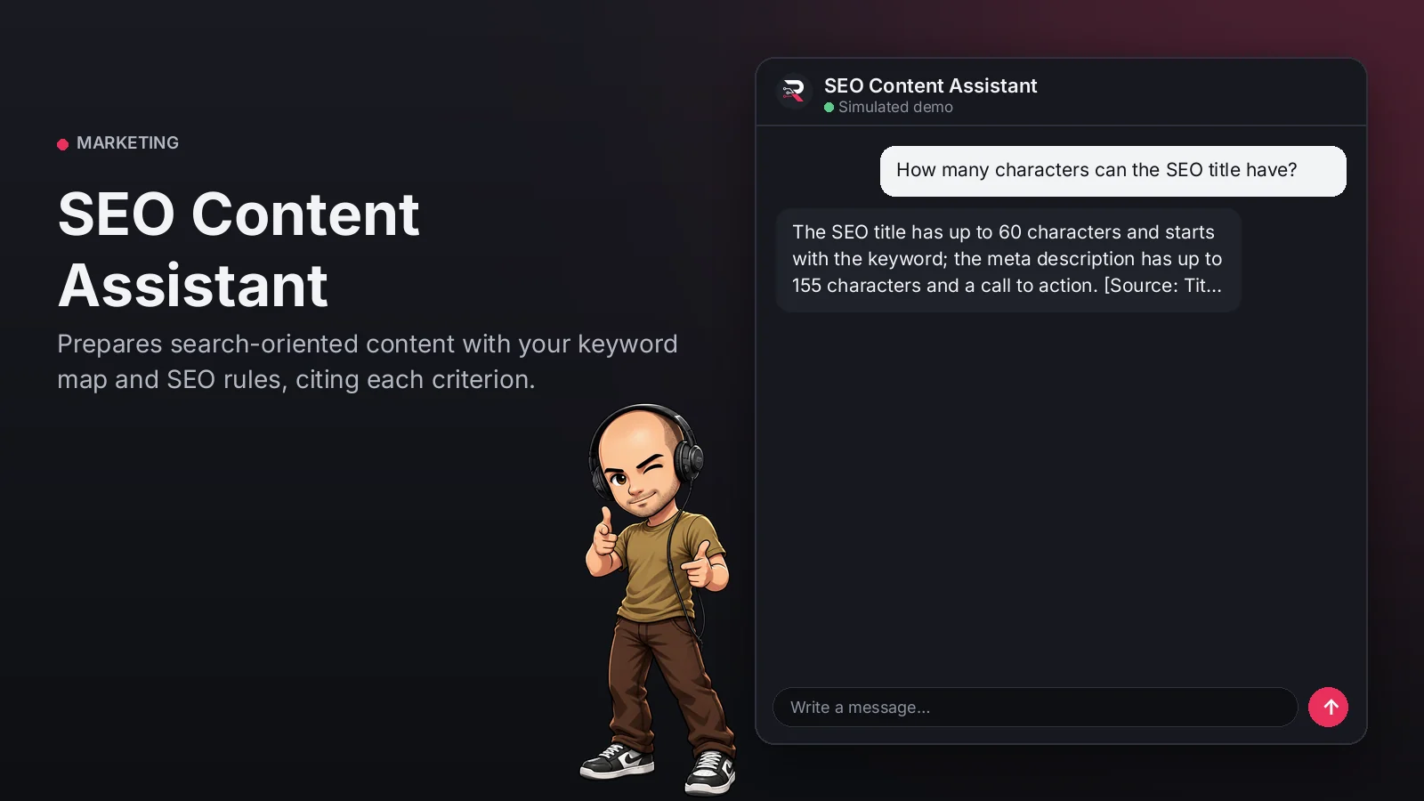 Hero image: SEO Content Assistant. Prepares search-oriented content with your keyword map and SEO rules, citing each criterion.