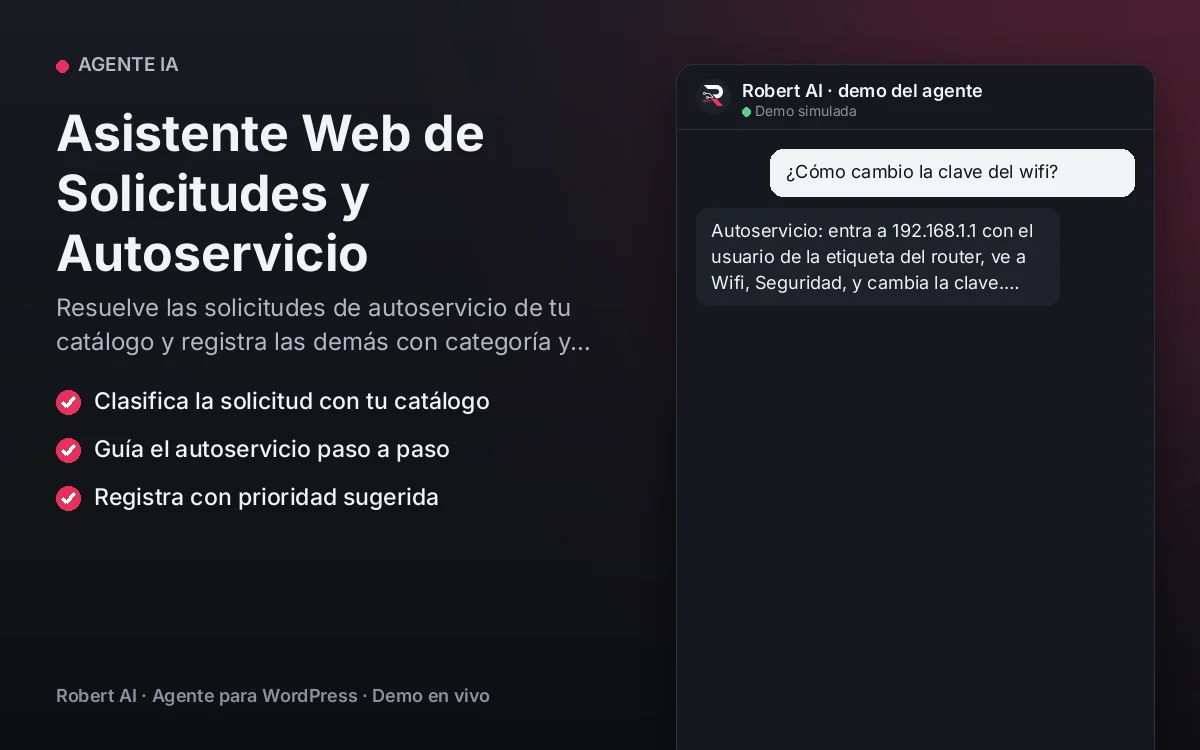 Portada: Asistente Web de Solicitudes y Autoservicio. Resuelve las solicitudes de autoservicio de tu catálogo y registra las demás con categoría y tiempo de atención publicado.
