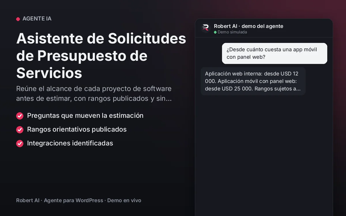 Portada: Asistente de Solicitudes de Presupuesto de Servicios. Reúne el alcance de cada proyecto de software antes de estimar, con rangos publicados y sin compromisos indebidos.