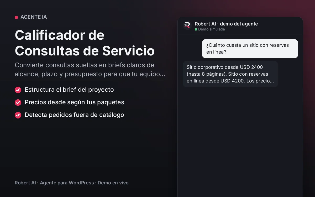 Portada: Calificador de Consultas de Servicio. Convierte consultas sueltas en briefs claros de alcance, plazo y presupuesto para que tu equipo proponga rápido.