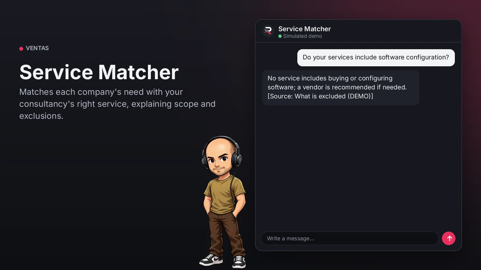 Hero image: Service Matcher. Matches each company's need with your consultancy's right service, explaining scope and exclusions.