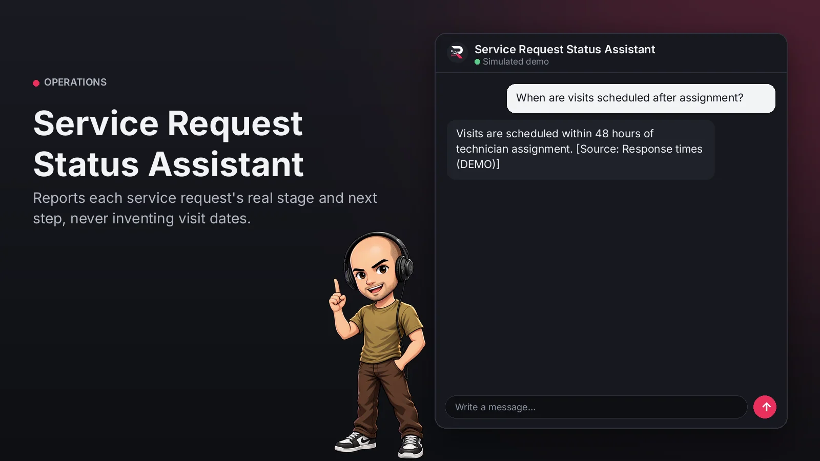 Hero image: Service Request Status Assistant. Reports each service request's real stage and next step, never inventing visit dates.