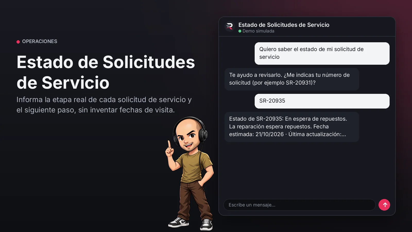 Imagen principal: Estado de Solicitudes de Servicio. Informa la etapa real de cada solicitud de servicio y el siguiente paso, sin inventar fechas de visita.