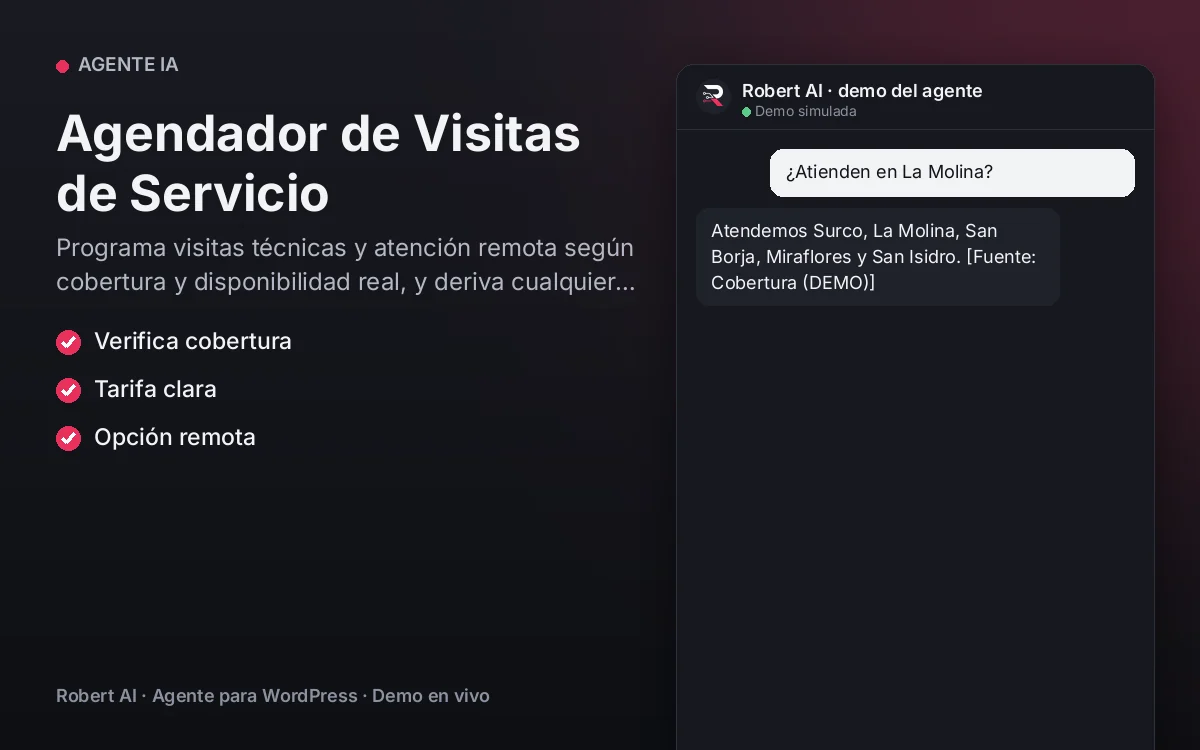 Portada: Agendador de Visitas de Servicio. Programa visitas técnicas y atención remota según cobertura y disponibilidad real, y deriva cualquier riesgo al instante.