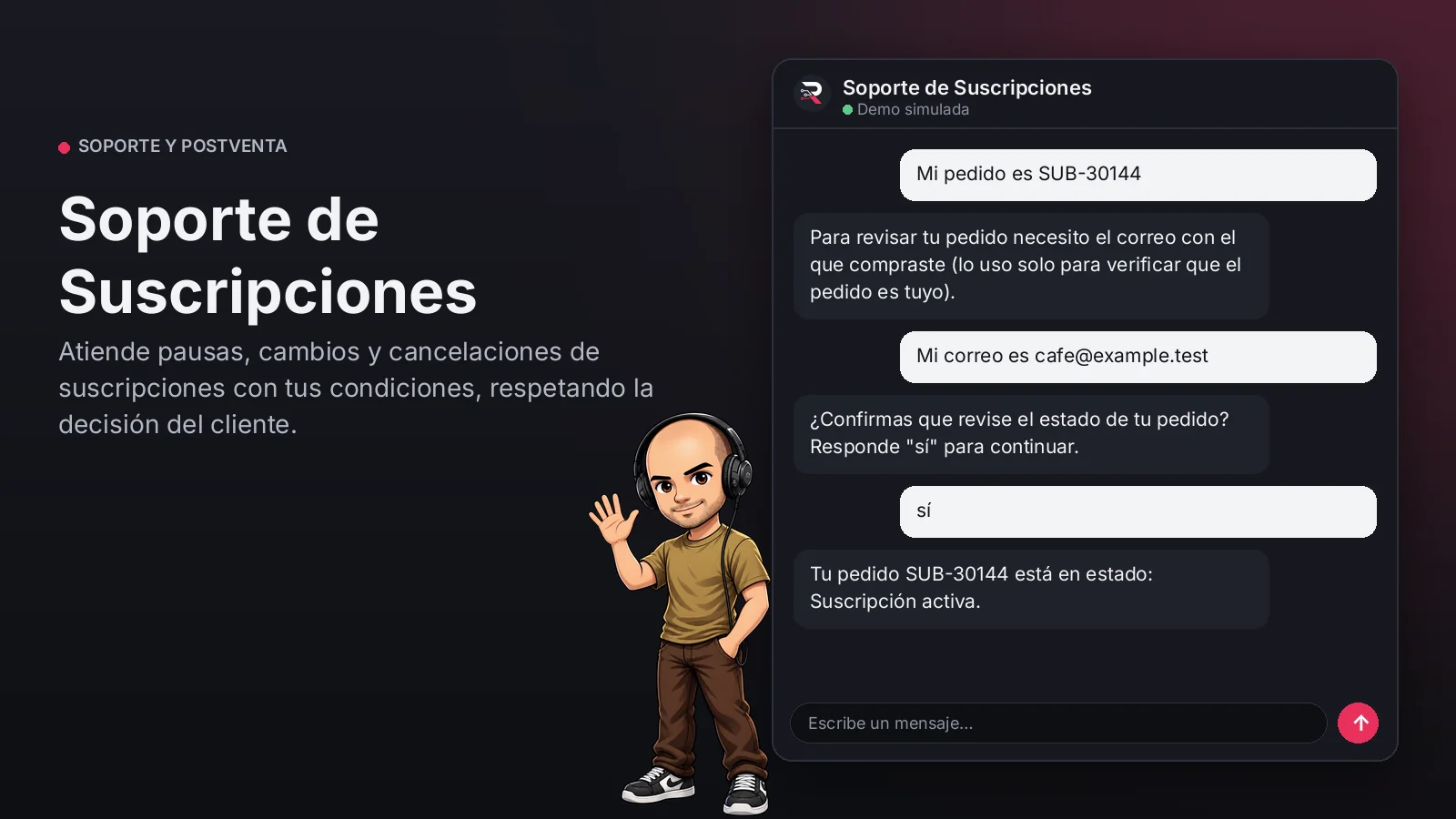 Imagen principal: Soporte de Suscripciones. Atiende pausas, cambios y cancelaciones de suscripciones con tus condiciones, respetando la decisión del cliente.