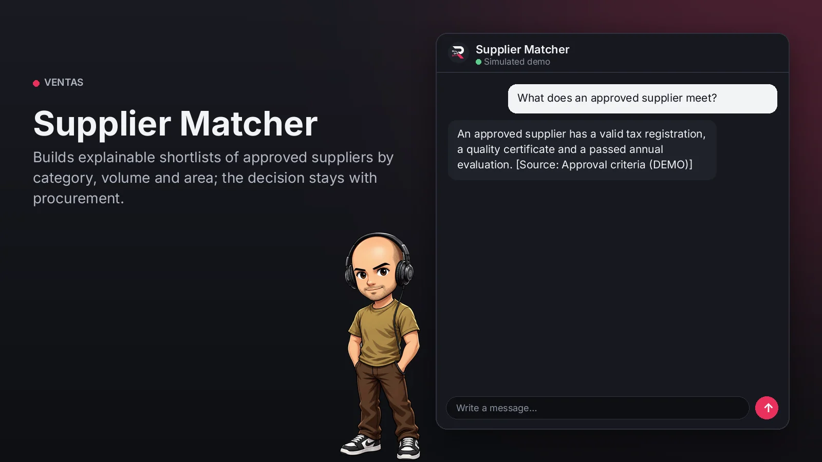 Hero image: Supplier Matcher. Builds explainable shortlists of approved suppliers by category, volume and area; the decision stays with procurement.
