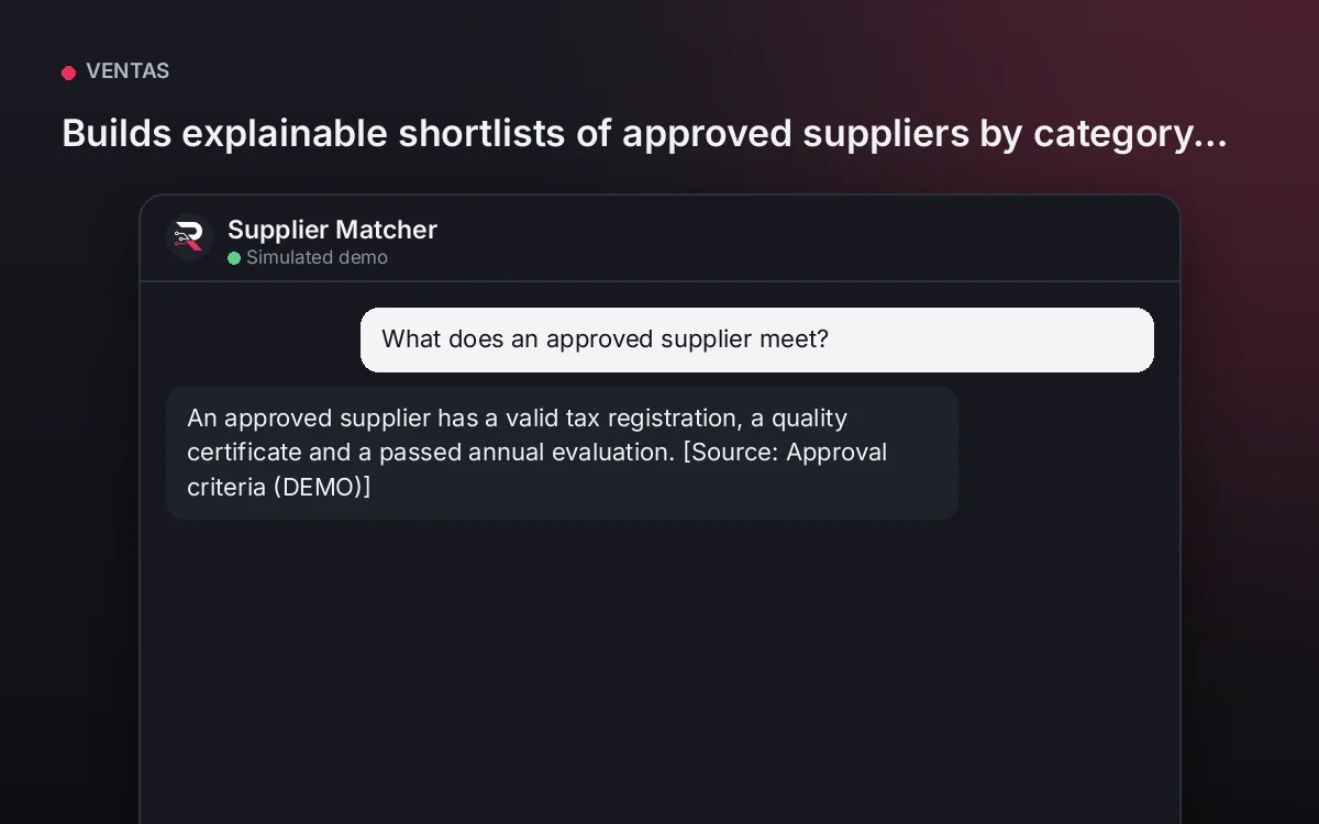Cover: Supplier Matcher. Builds explainable shortlists of approved suppliers by category, volume and area; the decision stays with procurement.