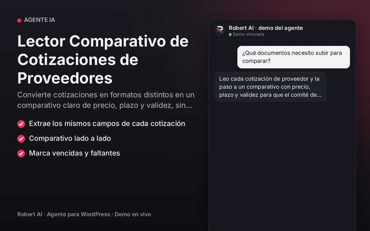 Portada: Lector Comparativo de Cotizaciones de Proveedores. Convierte cotizaciones en formatos distintos en un comparativo claro de precio, plazo y validez, sin elegir por ti.