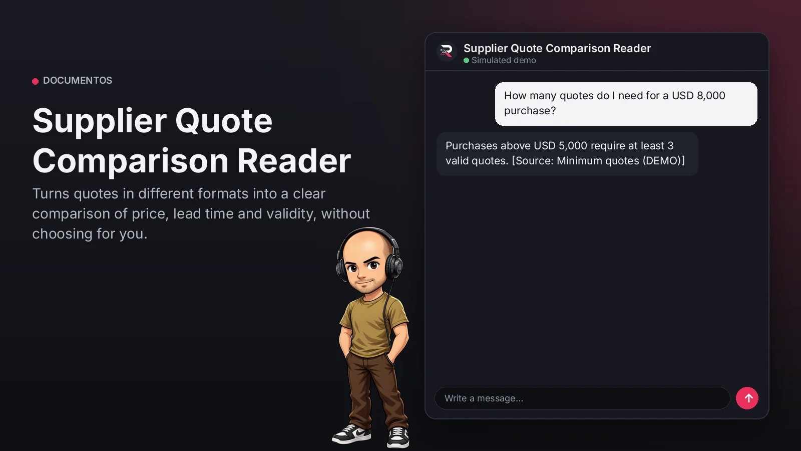Hero image: Supplier Quote Comparison Reader. Turns quotes in different formats into a clear comparison of price, lead time and validity, without choosing for you.