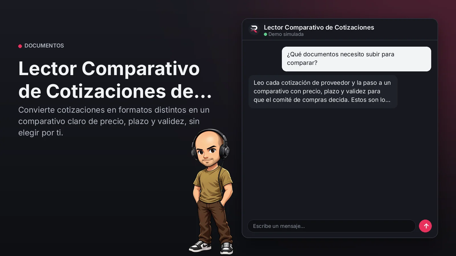 Imagen principal: Lector Comparativo de Cotizaciones de Proveedores. Convierte cotizaciones en formatos distintos en un comparativo claro de precio, plazo y validez, sin elegir por ti.