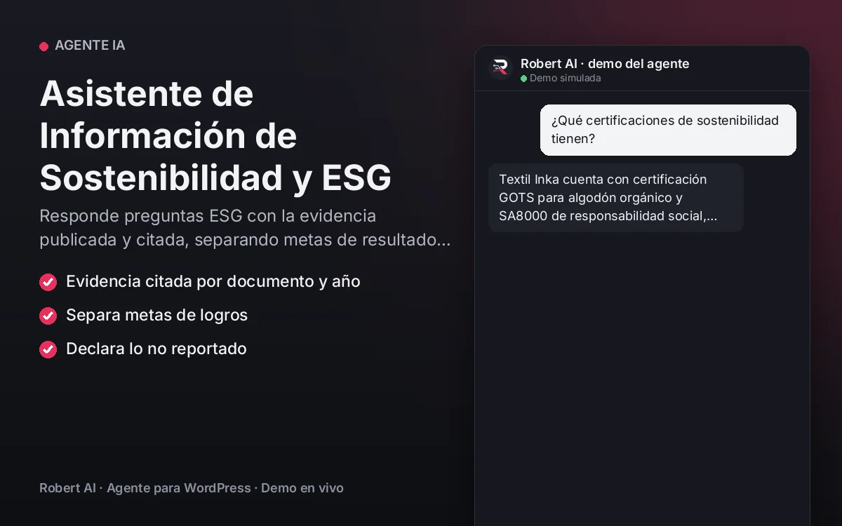 Portada: Asistente de Información de Sostenibilidad y ESG. Responde preguntas ESG con la evidencia publicada y citada, separando metas de resultados logrados.