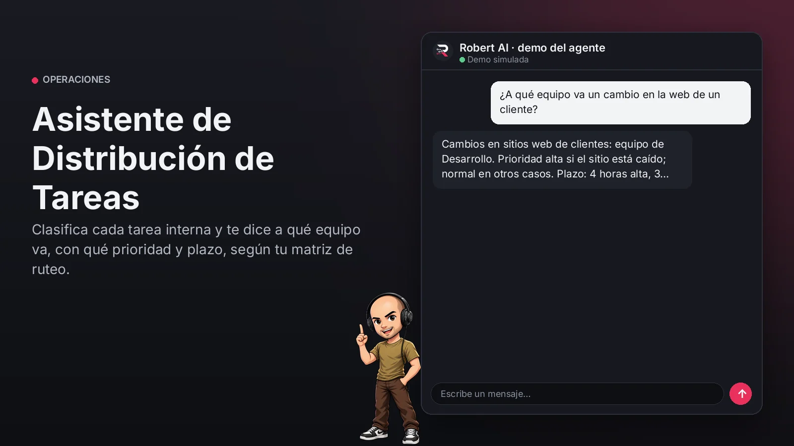 Asistente de Distribución de Tareas. Clasifica cada tarea interna y te dice a qué equipo va, con qué prioridad y plazo, según tu matriz de ruteo.