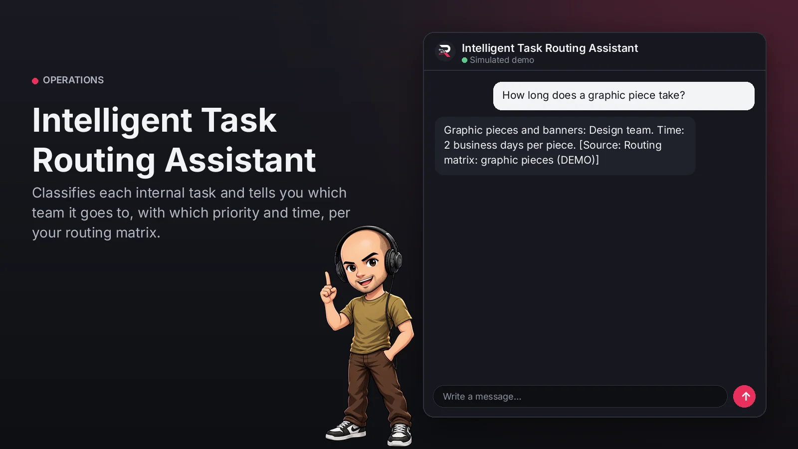 Hero image: Intelligent Task Routing Assistant. Classifies each internal task and tells you which team it goes to, with which priority and time, per your routing matrix.