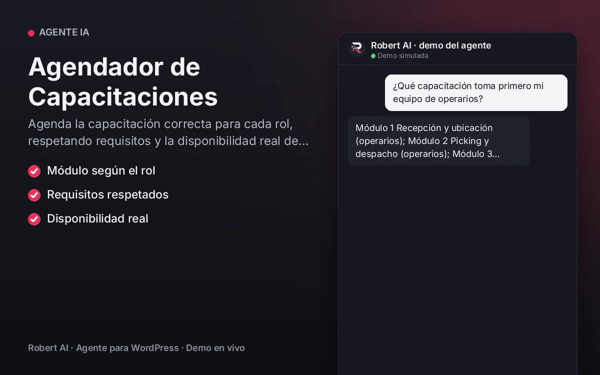 Portada: Agendador de Capacitaciones. Agenda la capacitación correcta para cada rol, respetando requisitos y la disponibilidad real de instructores.