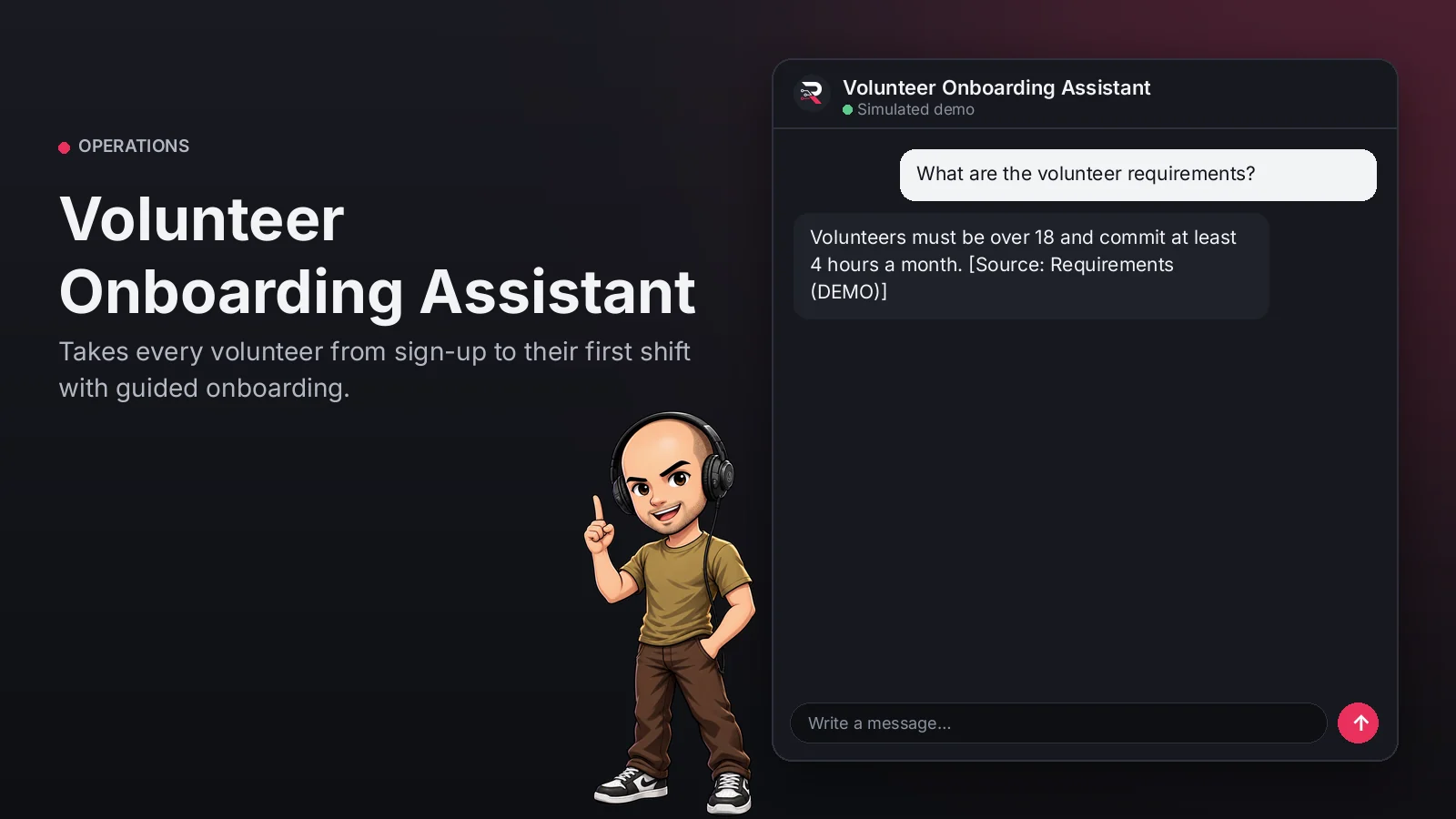Hero image: Volunteer Onboarding Assistant. Takes every volunteer from sign-up to their first shift with guided onboarding.
