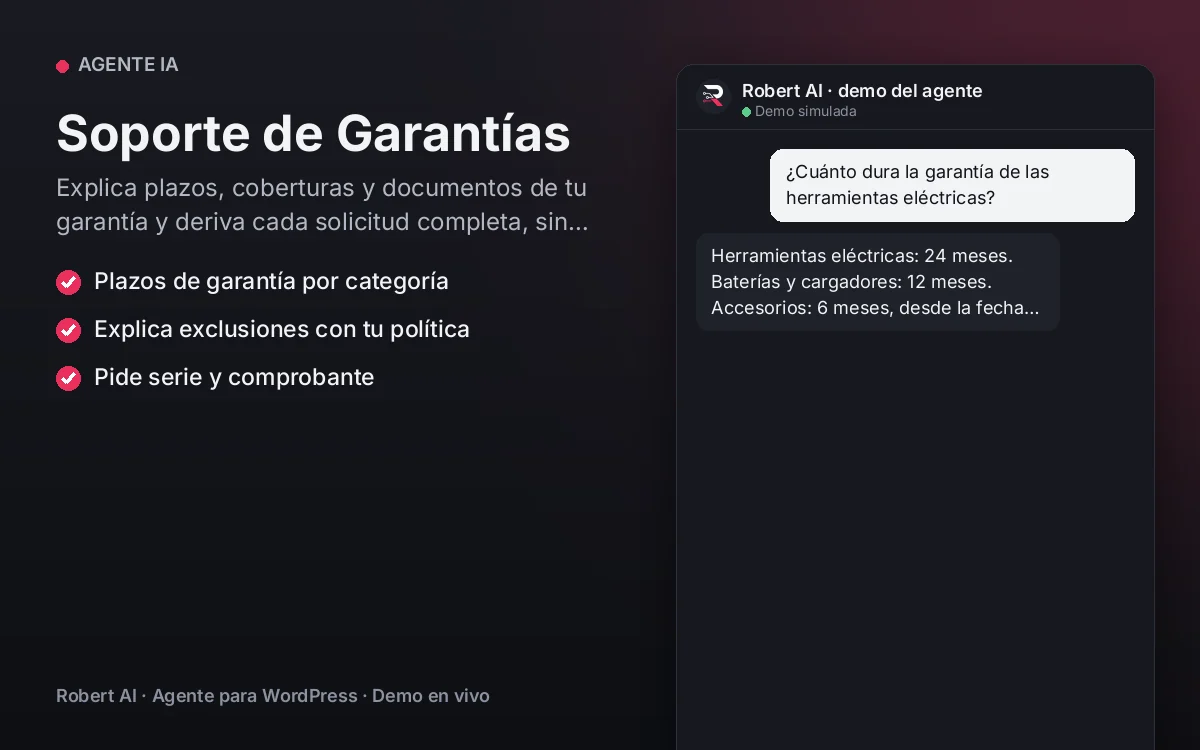 Portada: Soporte de Garantías. Explica plazos, coberturas y documentos de tu garantía y deriva cada solicitud completa, sin aprobar casos por su cuenta.