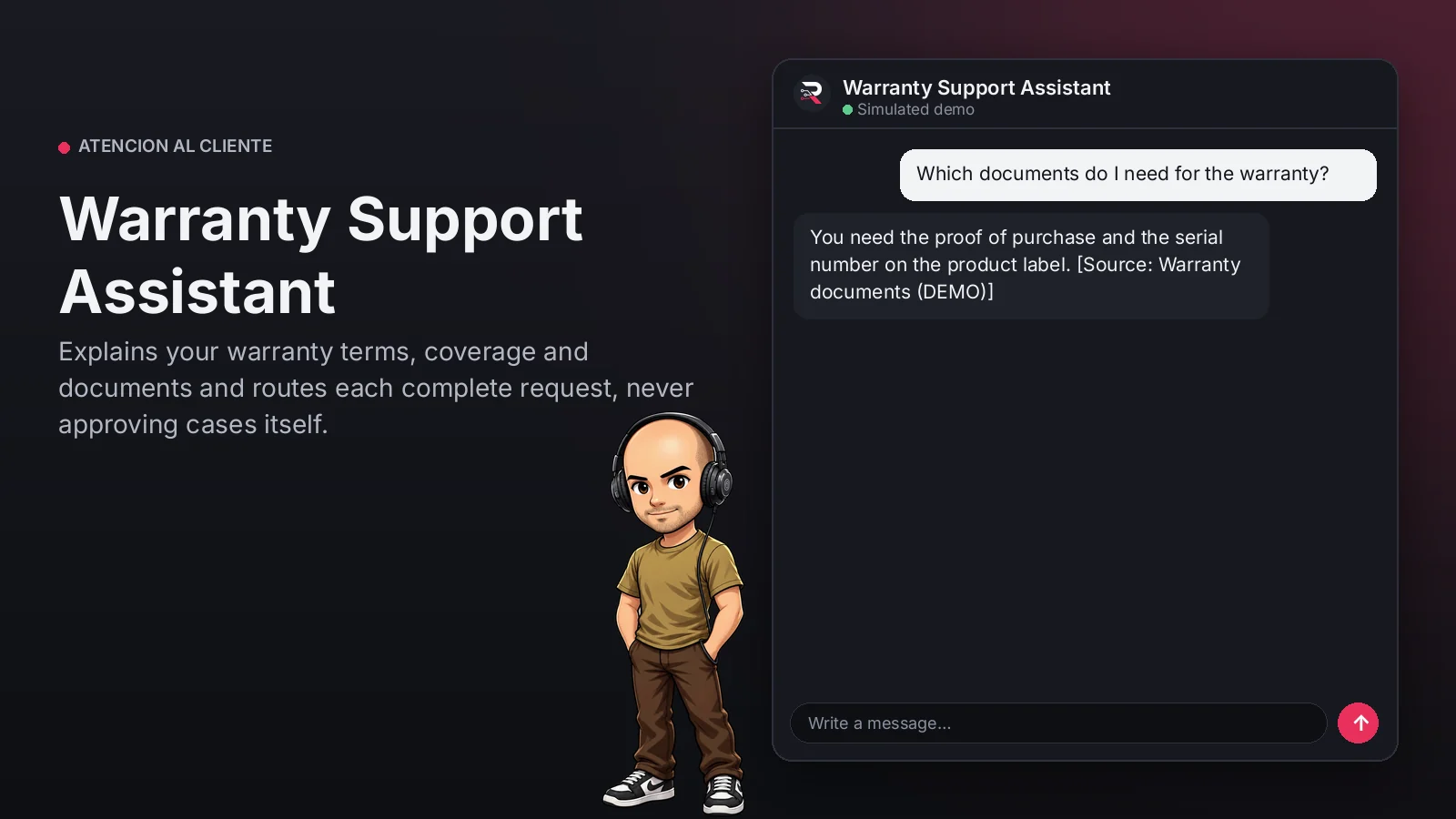 Hero image: Warranty Support Assistant. Explains your warranty terms, coverage and documents and routes each complete request, never approving cases itself.