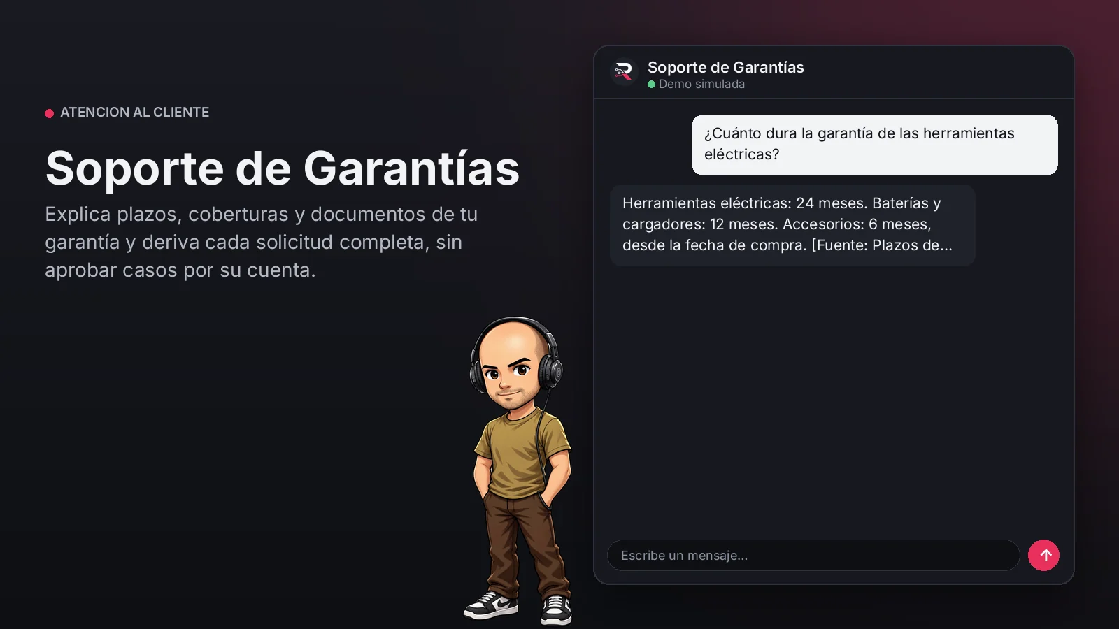 Imagen principal: Soporte de Garantías. Explica plazos, coberturas y documentos de tu garantía y deriva cada solicitud completa, sin aprobar casos por su cuenta.