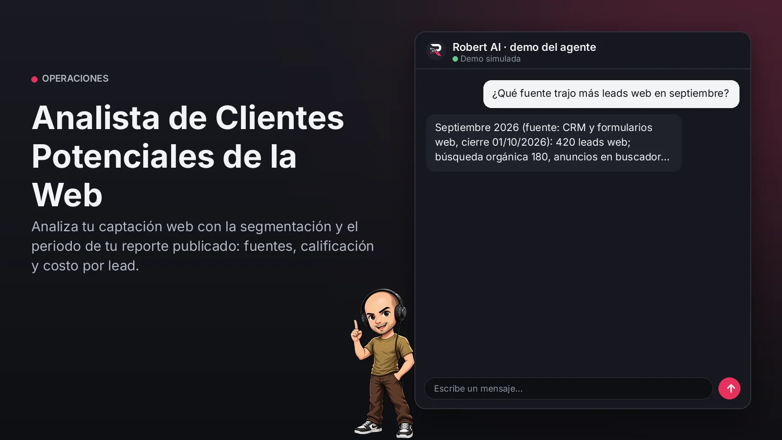 Analista de Clientes Potenciales de la Web. Analiza tu captación web con la segmentación y el periodo de tu reporte publicado: fuentes, calificación y costo por lead.