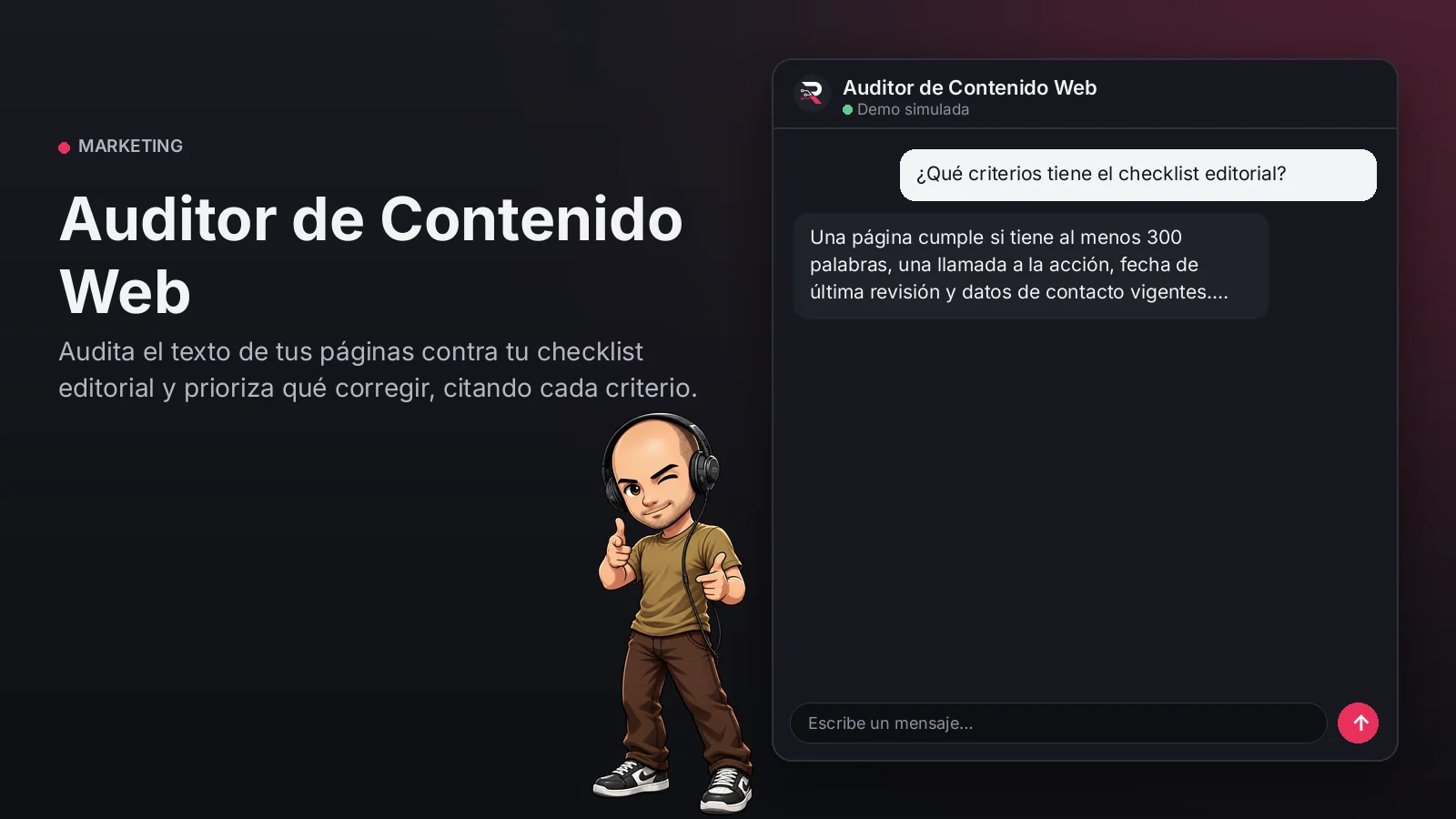 Imagen principal: Auditor de Contenido Web. Audita el texto de tus páginas contra tu checklist editorial y prioriza qué corregir, citando cada criterio.